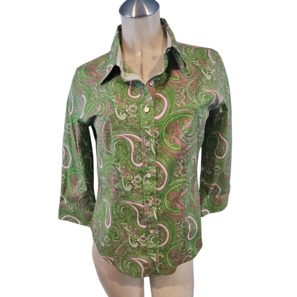 Talbots Size 8P Green Pink Button Down Shirt Wrinkle Resistant Paisley Print